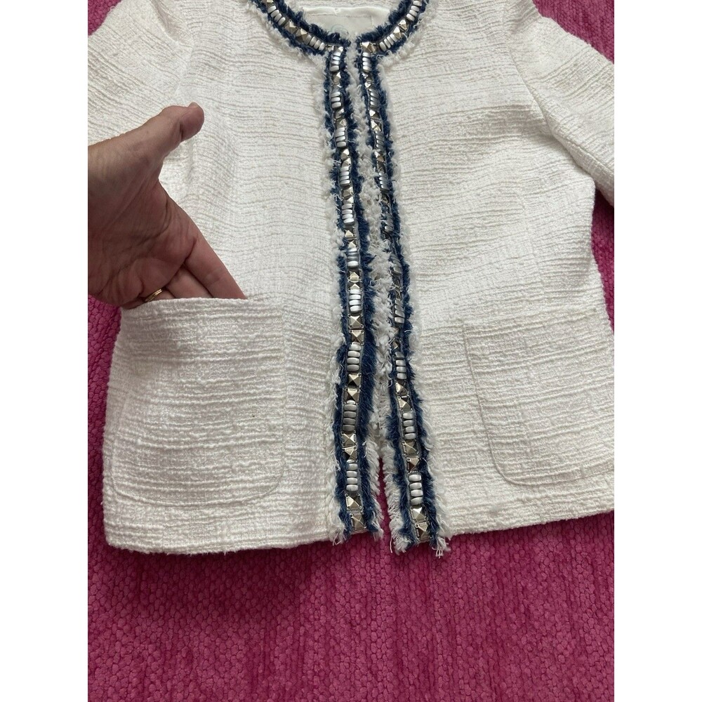 NEW Boston Proper Tweed Blazer Jacket Fringed Embellished White Blue Size 10 - Picture 6 of 12